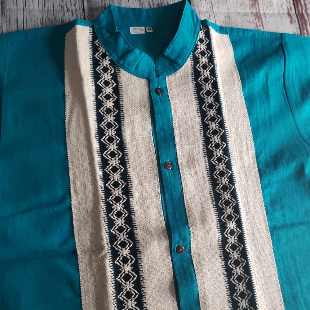 Mexican Guayabera Shirt Model Malla Turquoise
